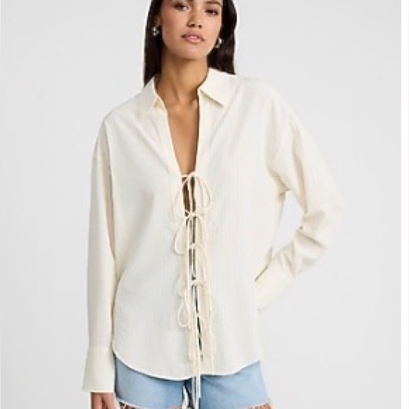 Express Tops - Express Cream Lace-Up Button Down Shirt